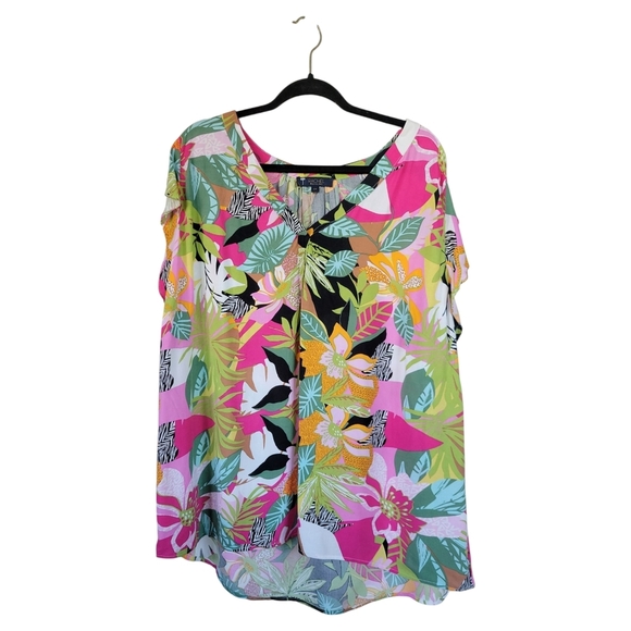 NWOT RACHEL Rachel Roy 2X Flutter Cap Sleeve Tropical Floral Tunic Pink Green - Picture 9 of 12
